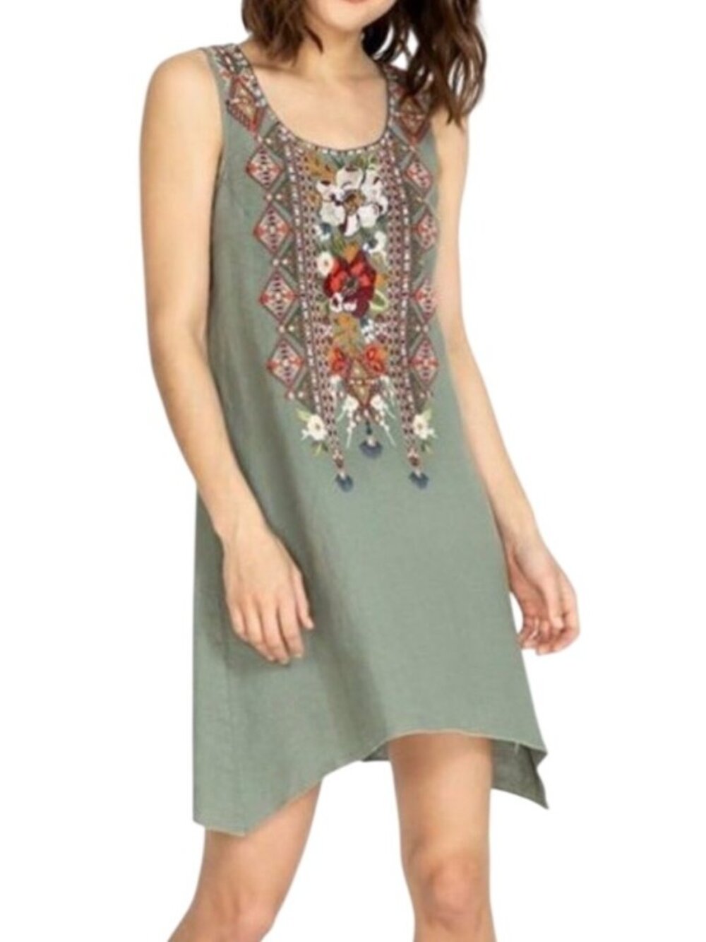Johnny Was Beatriz Embroidered Linen Trapeze Dress XS Olive Green Boho festival